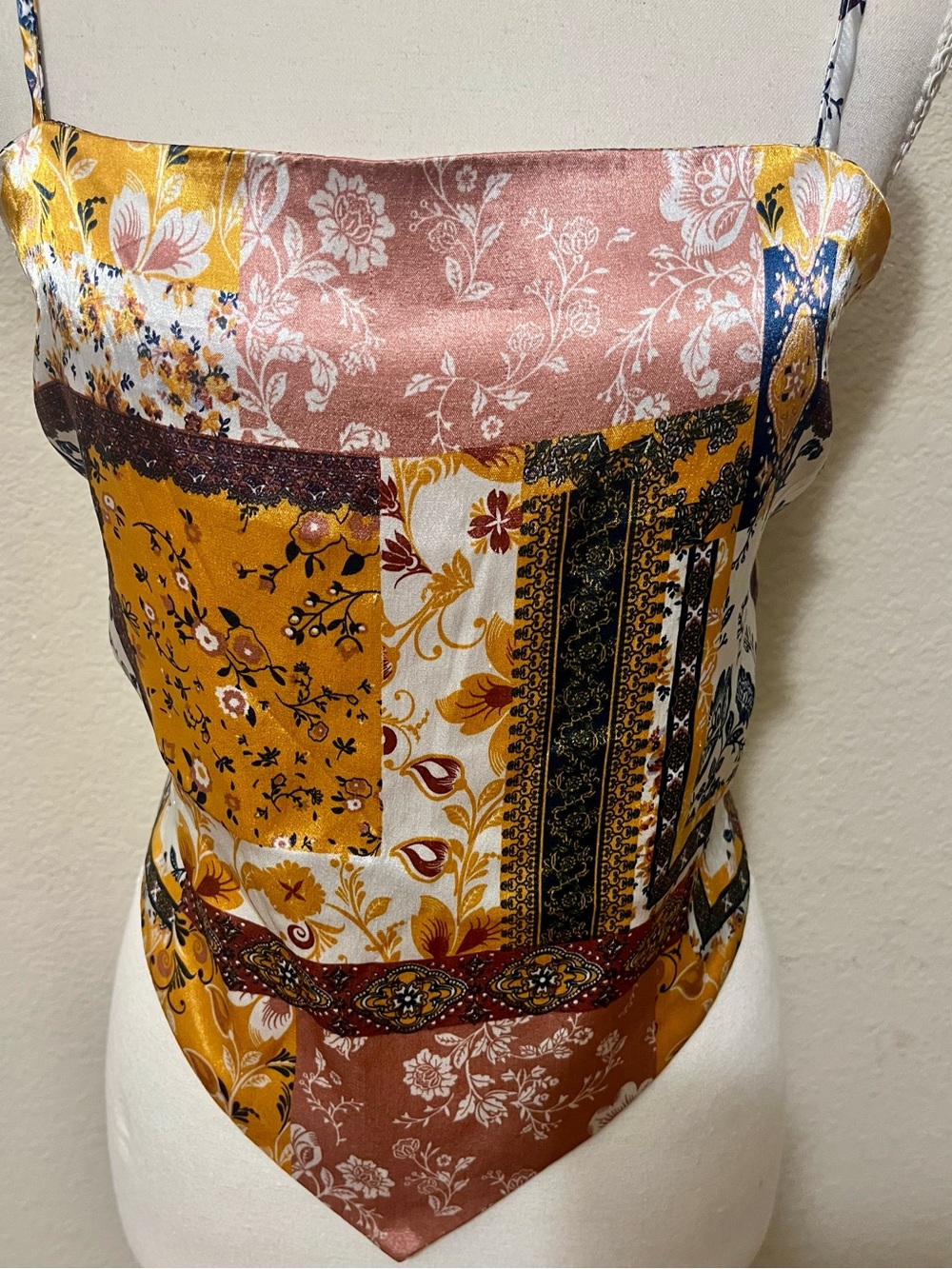 Patchwork Satin Scarf Cami Top in Mustard and Blush